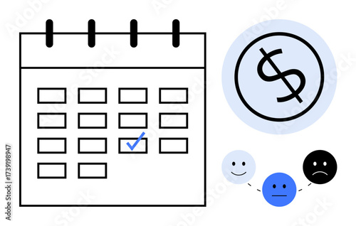 Calendar with marked checkbox, dollar icon, and varying emoticons symbolizing financial planning, budgeting, payment scheduling, time management, savings, productivity and emotional impact. Simple