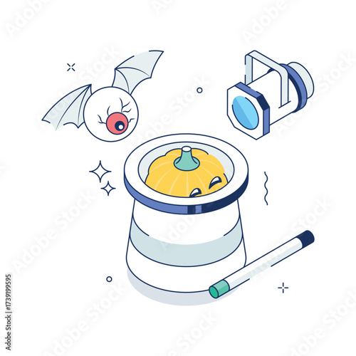 Spooky Halloween pumpkin magic trick with bat and eyeball, premium illustration