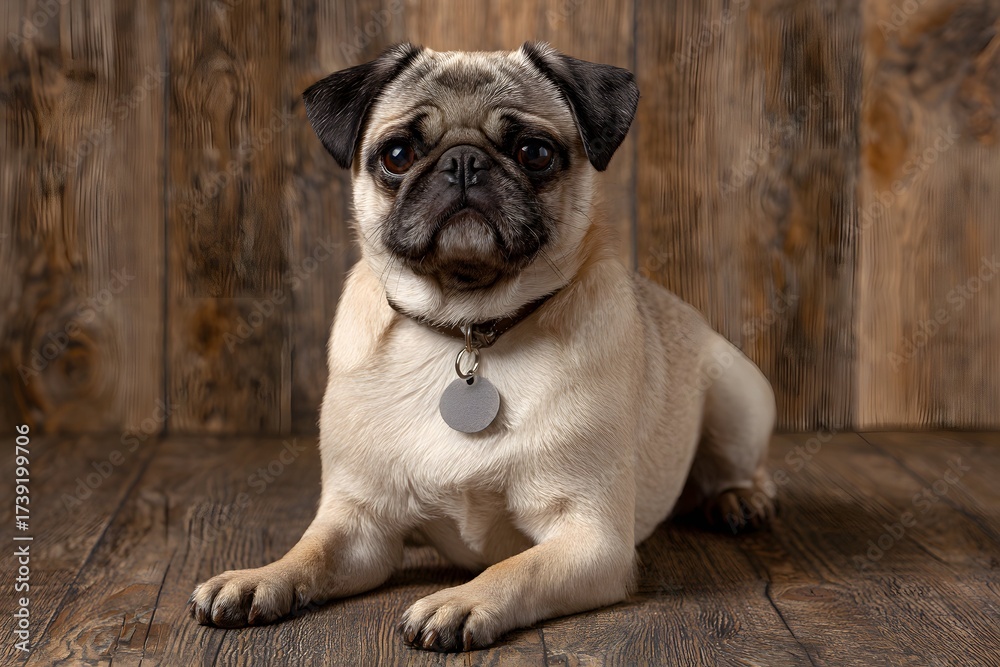 Obraz premium Pug chillin on a wooden floor ideal for pet brand ads or social media posts