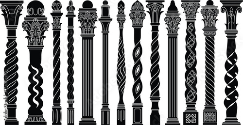 Architectural column set, classical design, ornate capitals, twisted shafts, fluted pillars, decorative bases, Corinthian style, composite order, historical architecture, vector illustration