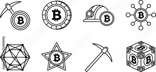Bitcoin icon set, black vector symbols, crypto mining, blockchain network, digital currency, decentralized finance, minimal style, tech illustration