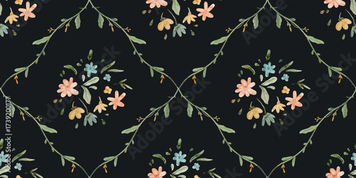 Floral pattern design with vibrant flowers and leaves on a dark background appreciating nature's artistry