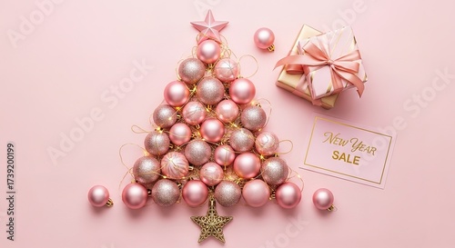 Creative Christmas tree made from pink and gold baubles with a gift box.