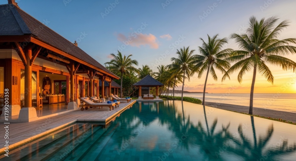 Obraz premium Experience ultimate relaxation at a luxurious tropical villa with ocean views and an infinity pool at sunset