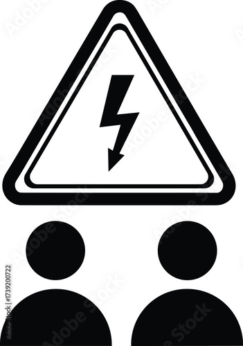 Electrical hazard warning icon, lightning bolt danger symbol, human safety alert, black vector silhouette, minimal style, high voltage sign