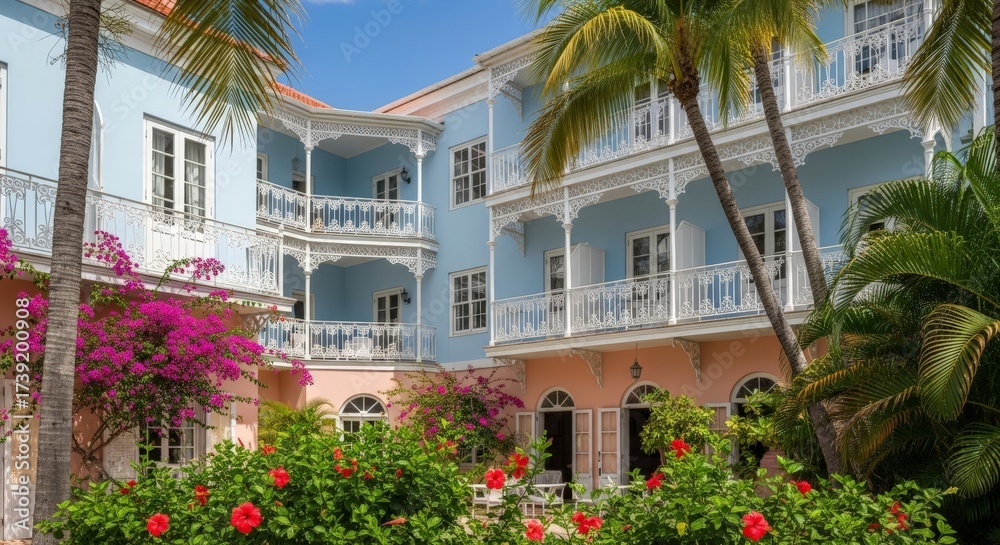 Fototapeta premium Experience vibrant Caribbean architecture and lush tropical gardens at this beautiful resort property