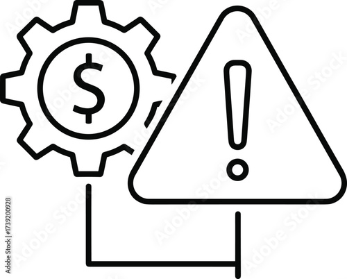 Financial risk warning icon, gear with dollar symbol, caution triangle vector, economic alert design, minimal style, black silhouette graphic