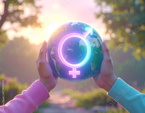 Global Gender: A pair of hands cradles a radiant globe, subtly illuminated with a neon gender symbol at its core, symbolizing inclusivity and harmony in a digitally enhanced, contemporary style.