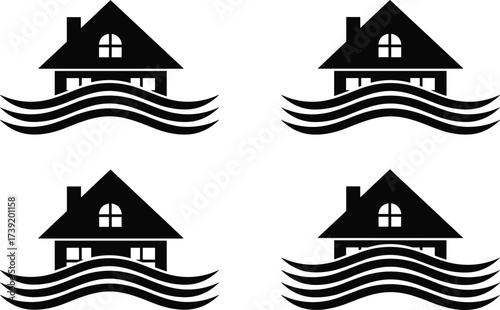 Flooded house icon set, black silhouette vector, rising water disaster, environmental damage symbol, minimal style, emergency illustration, grid layout