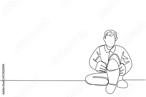 Continuous one line drawing a man wearing tap dance shoes sitting with his legs stretched out. Preparation for entering dance class. National Tap Dance Day. Single line draw design vector illustration