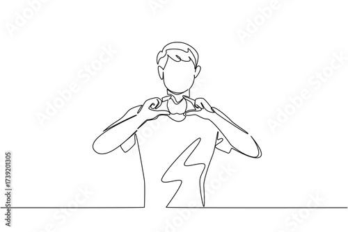 Single continuous line drawing a man in casual clothes holds a thyroid gland mockup with both hands. Shows thyroid gland during treatment. Ill. World Thyroid Day. One line design vector illustration