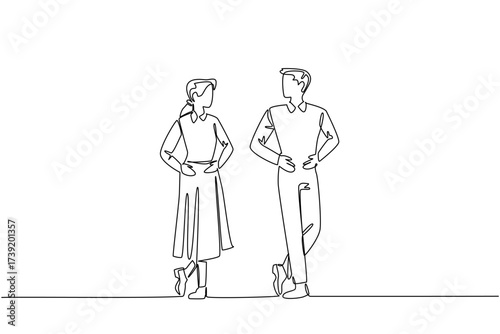 Continuous one line drawing a man and a woman stand with their hands and feet forming a gesture. Building chemistry. Amazing show. National Tap Dance Day. Single line draw design vector illustration