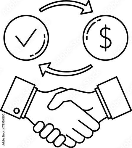 Handshake with dollar and check icons, business agreement symbol, financial transaction vector, minimal style, partnership deal illustration, black silhouette