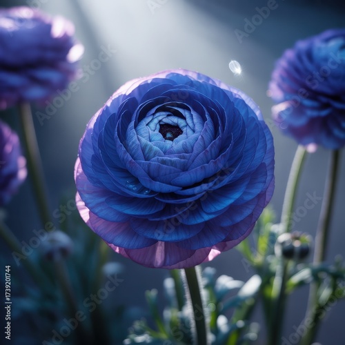 A mesmerizing closeup captures the ethereal beauty of a blue ranunculus flower, illuminated by soft light, highlighting its delicate petals and intricate form
