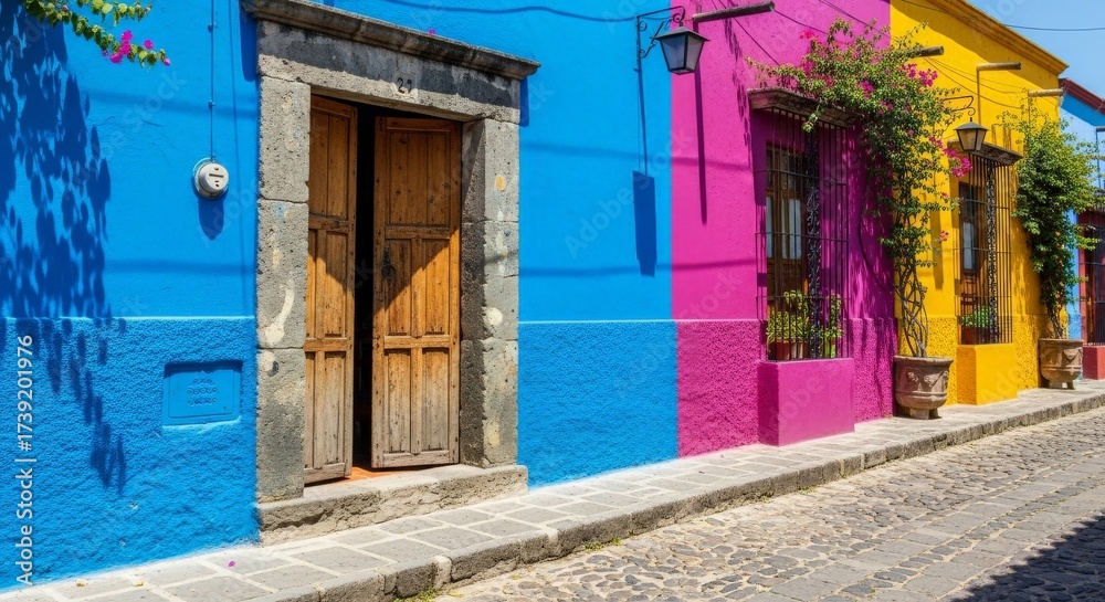 Fototapeta premium Explore vibrant Mexican architecture with colorful facades and cobblestone streets in sunny San Miguel de Allende