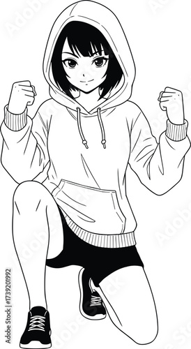 Manga-style character in triumphant pose, hooded sweatshirt silhouette, black vector illustration, confident stance, minimal athletic design