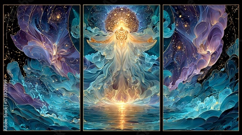 Mystical glowing figure above water in a vibrant fantasy triptych