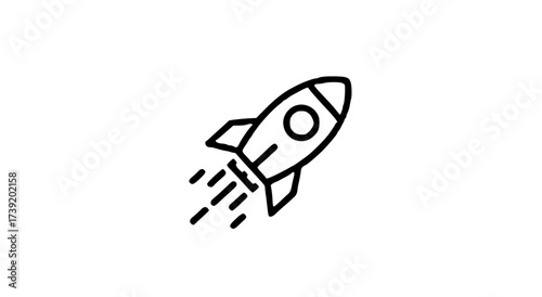 Simple black and white illustration of a rocket ship taking off with exhaust.