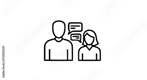 Two people, a man and a woman, are depicted with speech bubbles, indicating conversation or communication.