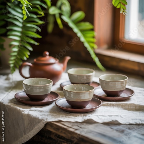 Elegant tea set with ceramic teapot and cups arranged on a linen tablecloth near a window, creating a cozy and inviting atmosphere for tea time