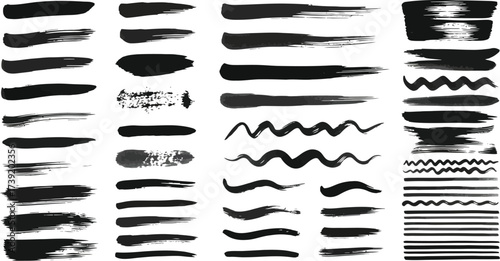 Collection of black ink brush strokes and lines, perfect for adding artistic flair to design projects with a handmade feel.
