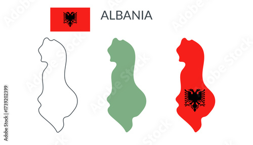 Albania country geographical borders isolated on white background. Flag of Albania. Vector flat cliparts.