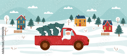 Christmas winter banner. Santa Claus driving a car and landscape with Christmas winter houses and Christmas trees. Vector flat background.