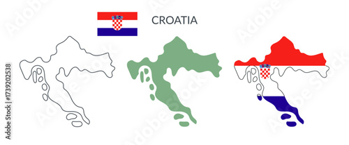 Croatia country geographical borders isolated on white background. Flag of Croatia. Vector flat cliparts.