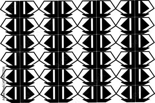Abstract black and white geometric pattern with bold symmetrical shapes forming a repetitive, modern design. Ideal for textiles, backgrounds, wallpapers, and decor.
