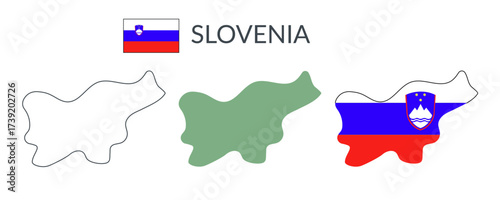 Slovenia country geographical borders isolated on white background. Flag of Slovenia. Vector flat cliparts.
