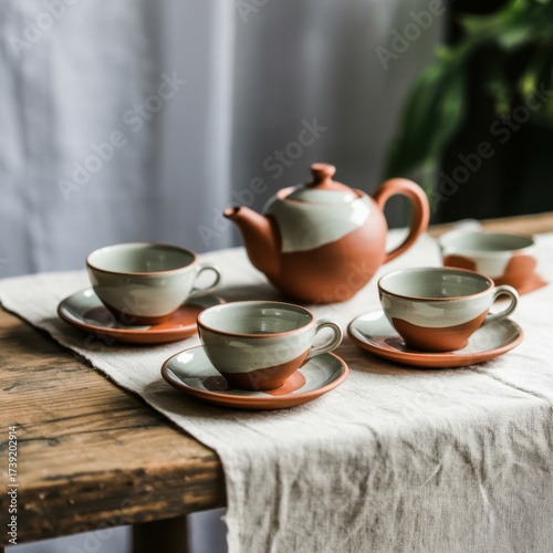 A beautifully arranged tea set with a ceramic teapot and cups on a rustic wooden table, creating a warm and inviting atmosphere for tea time