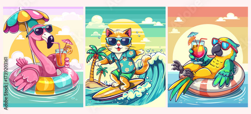 Sea summer posters beach coast ocean in cartoon style. Vocation, holidays, vibe, fruits, cocktails, flamingo, cat, parrot. Decor of wallpaper, walls, print and postcard
