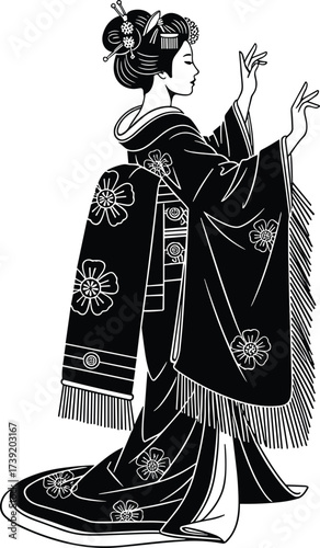 Traditional Japanese dancer in kimono, black silhouette vector, floral pattern, ceremonial pose, cultural elegance, minimal style, heritage illustration