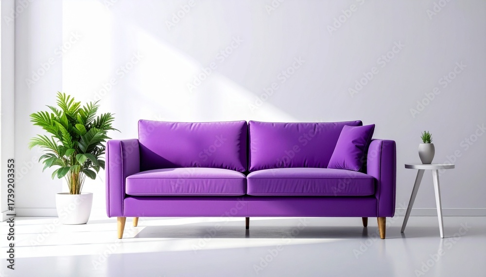 Fototapeta premium Modern minimalist living room with vibrant purple tufted sofa and matching cushions flanked by floral and foliage arrangements on round side tables for editorial interior design photography home décor