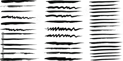 Artistic black ink brush strokes and lines create a dynamic set of design elements for creative projects and graphic design needs.