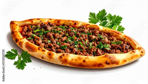 Traditional Turkish pide with minced meat and parsley on wooden board showing golden crust and charred edges for editorial food photography regional cuisine and artisanal baking-themed visuals