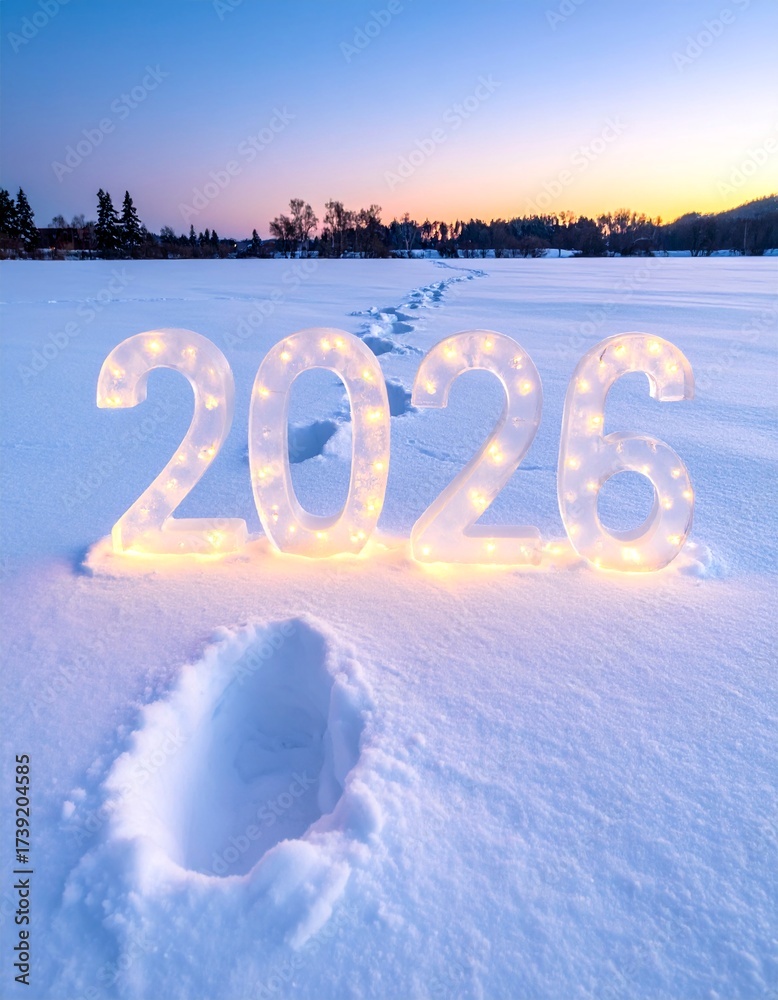 custom made wallpaper toronto digitalFootprints in snow leading to a glowing 2026 made of ice sculptures and fairy lights