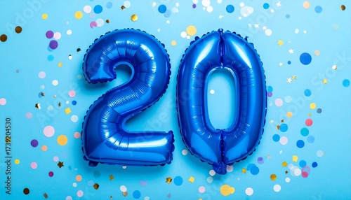 Blue balloon number 20 with confetti on solid colored background. Photo for anniversary or birthday party