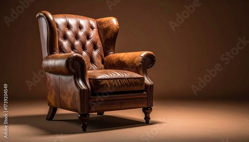 Classic brown leather armchair with tufted backrest rolled arms and wooden legs for editorial interior design traditional home decor and vintage furniture-themed visuals