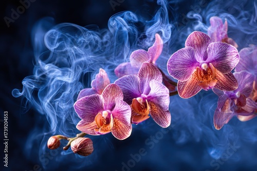 Pink orchids bloom amidst wisps of blue smoke against a dark backdrop, creating an ethereal scene
