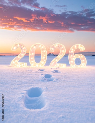 Wallpaper Mural Footprints in snow leading to a glowing 2026 made of ice sculptures and fairy lights Torontodigital.ca