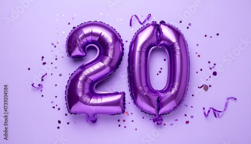 Purple balloon number 20 with confetti on solid colored background. Photo for anniversary or birthday party