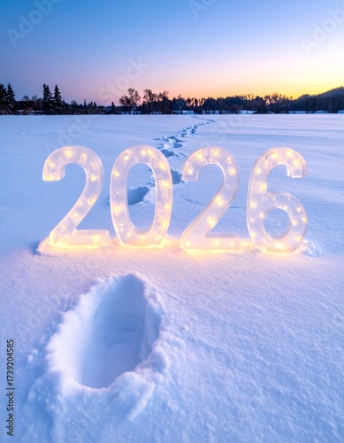 Wallpaper Mural Footprints in snow leading to a glowing 2026 made of ice sculptures and fairy lights Torontodigital.ca