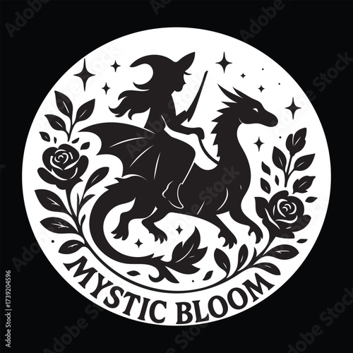  Witch riding dragon silhouette with roses and stars, mystical fantasy vector logo or t shirt design.