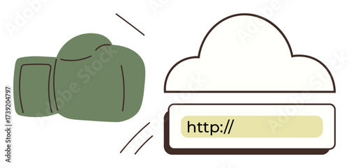 Boxing glove punches cloud with HTTP URL bar, symbolizing digital attack, internet security, or hosting issues. Ideal for cybersecurity, hacking, online vulnerability, tech risks, web hosting