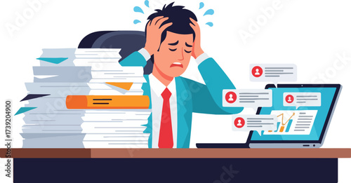 Flat vector illustration of an office worker stressed at the desk