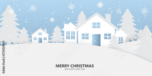 Christmas Cozy winter cabin nestled in a snowy forest glade, with a warm emanating from its windows. Merry Christmas and Happy New Year cards, posters, holiday covers. Set of greeting Xmas banner.