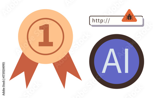 Number one ribbon beside AI badge and web address bar with a warning sign. Ideal for technology, achievement, AI, cybersecurity, innovation, competition, and risk awareness. Simple flat metaphor