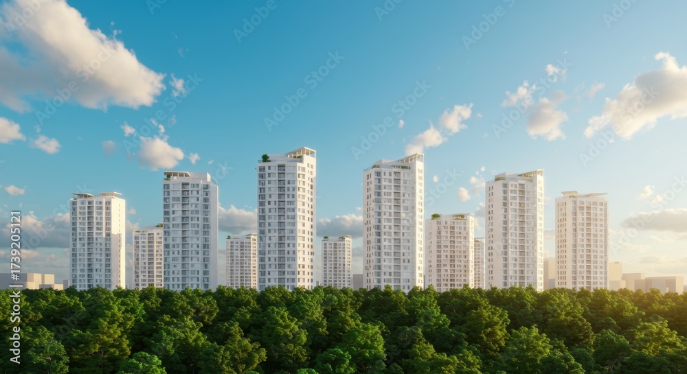 Fototapeta premium Modern white apartment buildings rise above green trees.