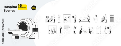 Medical and hospital scenes outline illustrations mega bundle. MRI, surgery, ward consultation. Diverse doctors, nurses, patients 2D linear images isolated. Collection black and white vector drawings